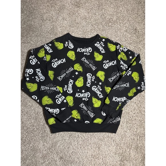 Dr. Seuss Other - Dr Seuss The Grinch All Over Print Black Crewneck Sweatshirt Small Holiday Mens